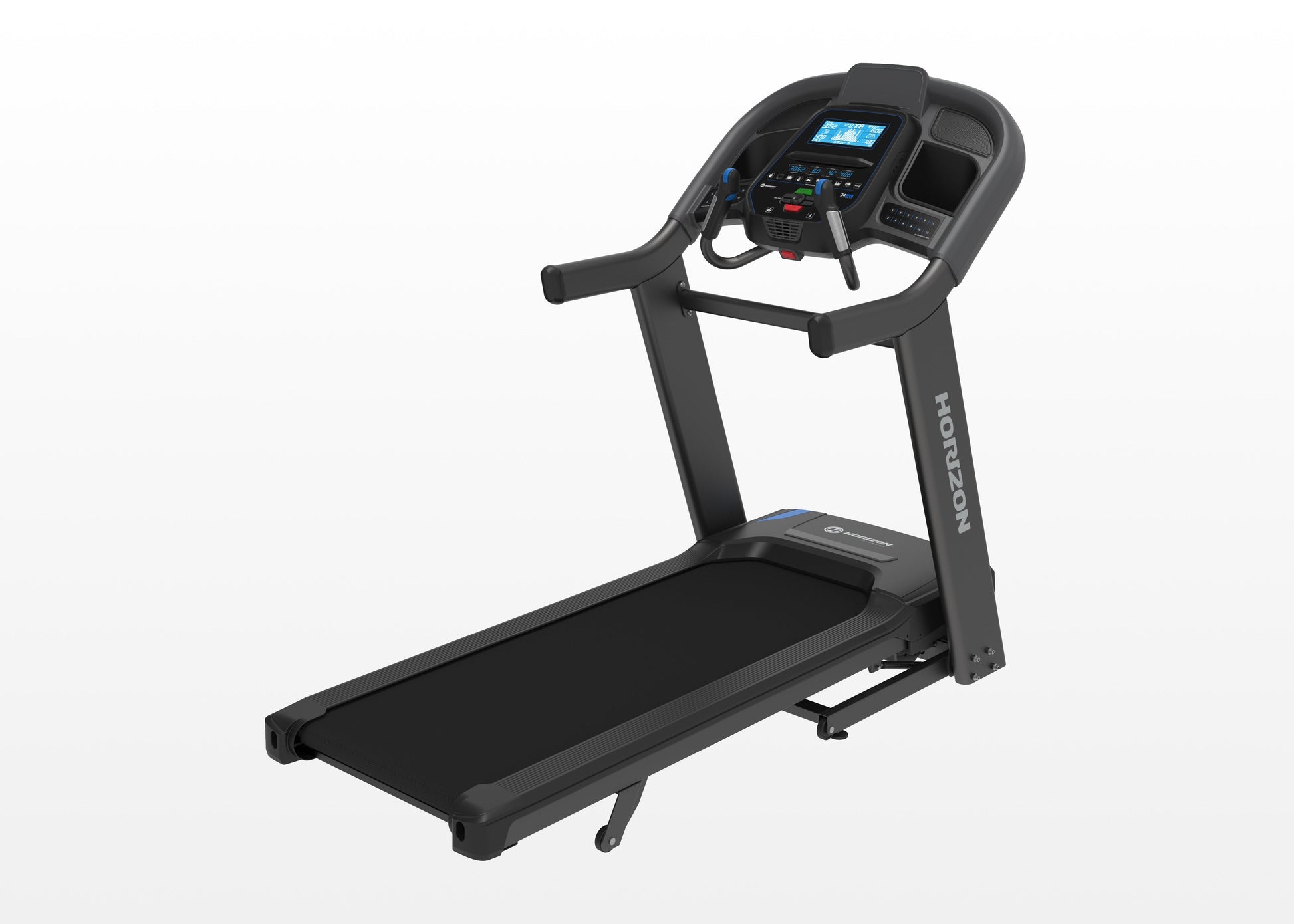 Black treadmill with digital display on a white background