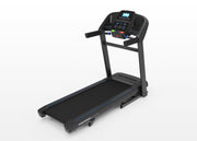 Black treadmill with digital display on a white background